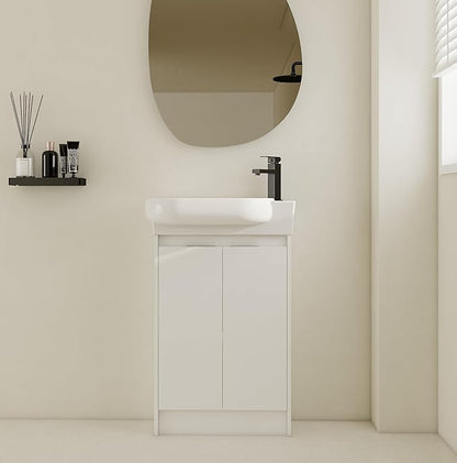 Henf 23" Freestanding Bathroom Vanity with Sink Set for Small Space, Soft Close Doors Round Ceramic Basin Floor Mount Bathroom Cabinet, Vanity and Sink Combo for Home, White