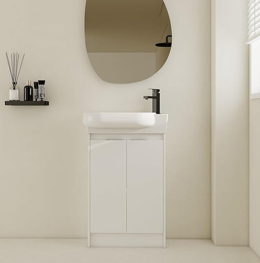 Henf 23" Freestanding Bathroom Vanity with Sink Set for Small Space, Soft Close Doors Round Ceramic Basin Floor Mount Bathroom Cabinet, Vanity and Sink Combo for Home, White