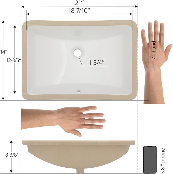 Mocoloo Undermount Bathroom Sink 21x14 Inch White Bathroom Ceramic Sink Undermount Rectangular Vanity Sinks White Porcelain Lavatory Hand Basin Under Counter with Overflow Drain