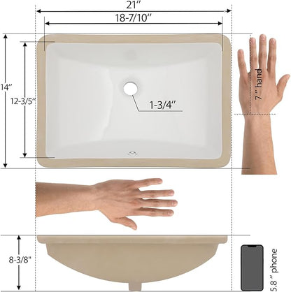 Mocoloo Undermount Bathroom Sink 21x14 Inch White Bathroom Ceramic Sink Undermount Rectangular Vanity Sinks White Porcelain Lavatory Hand Basin Under Counter with Overflow Drain