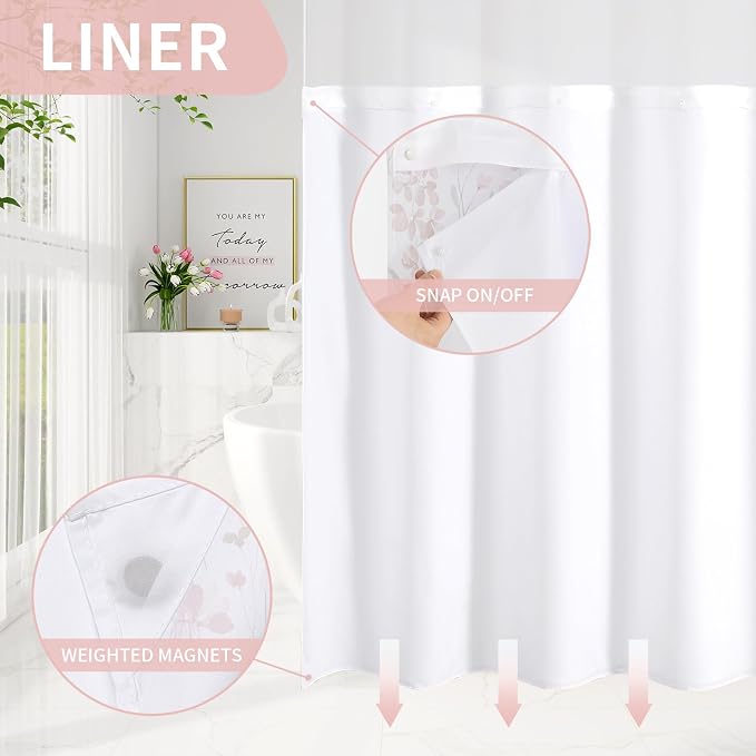 Litabel No Hook Pink Watercolor Floral Shower Curtain and Liner Set, 72x80 | Spring Flower Shower Curtains with Snap-in Liner for Farmhouse Bathroom Decor, Botanical Bathroom Curtain with Leaves