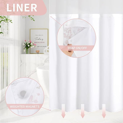 Litabel No Hook Pink Watercolor Floral Shower Curtain and Liner Set, 72x80 | Spring Flower Shower Curtains with Snap-in Liner for Farmhouse Bathroom Decor, Botanical Bathroom Curtain with Leaves