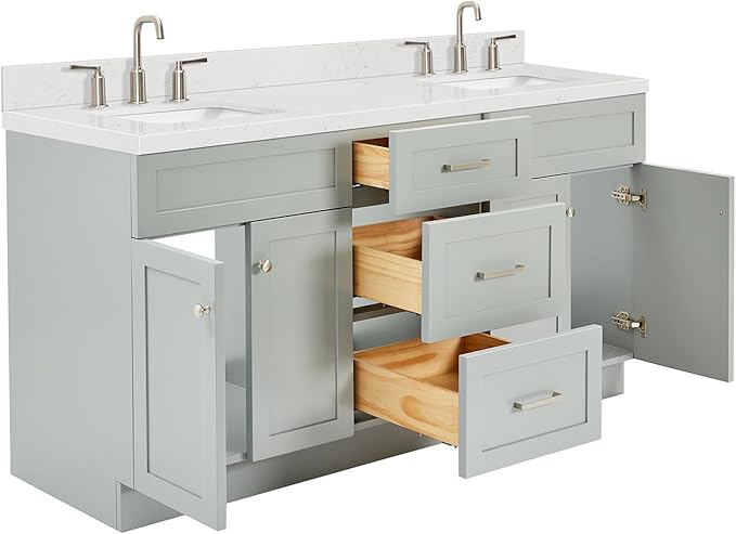 DKB Bradford 66-Inch Grey Double Bathroom Vanity, 1.5-Inch Carrara Quartz Countertop & Splash, Double Rectangular Sinks, 2 Soft Closing Doors, 3 Dovetail Drawers, Toe Kick, Brushed Nickel