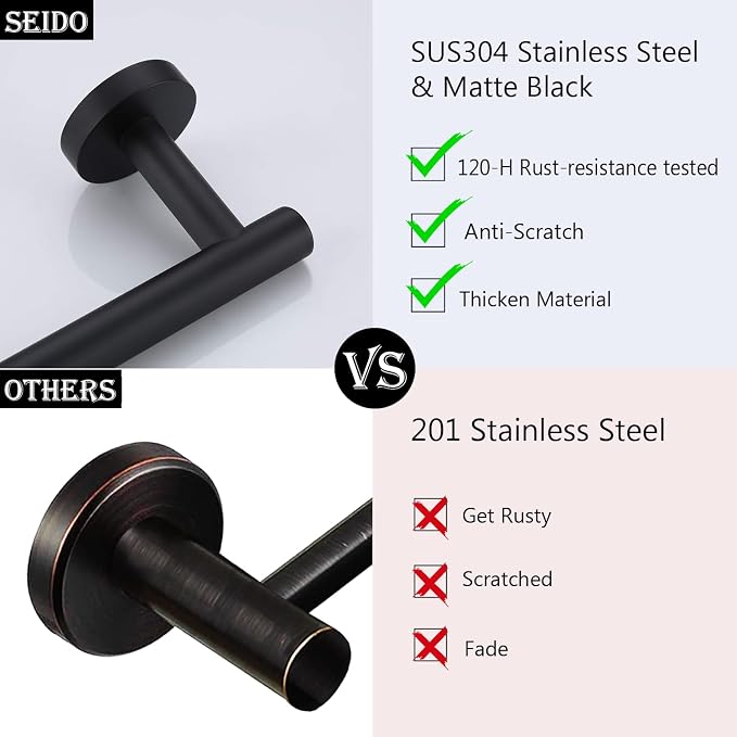 SEIDO 9 Inch Matte Black Towel Bar, 304 Stainless Steel Hand Towel Holder for Bathroom Wall, One-Piece Single Towel Rod Rack with 6.7" Hanging Length, No Assembly Required
