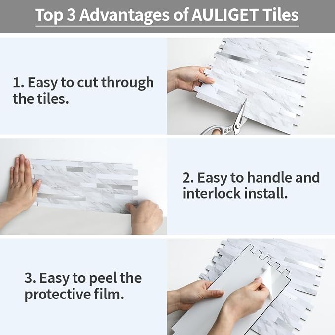 AULIGET Faux White Stone Peel and Stick Backsplash, 2 PVC Mixed Metal Wall Tiles Stick on Backsplash