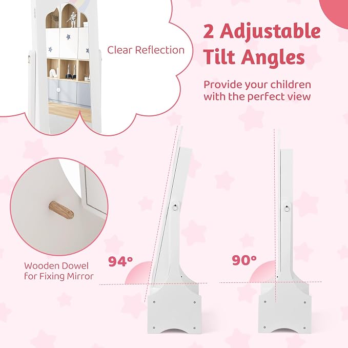 CHARMAID Kids Mirror Jewelry Cabinet - 45.5'' Full Length Mirror with Jewelry Storage, Standing Jewelry Armoire with Drawers, Kids Jewelry Organizer Box Vanity Dressing Mirror for Girls (White)