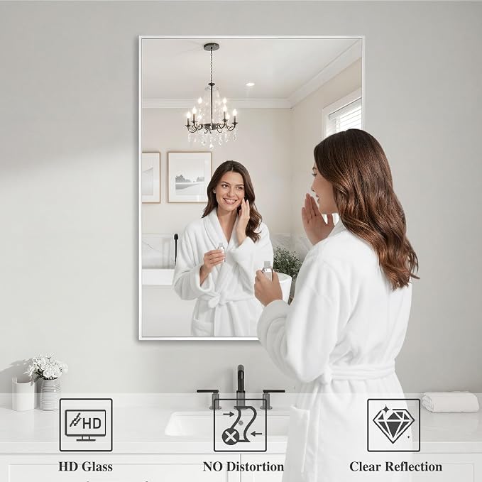 Koonmi White Rectangle Wall Mirror, 26x38 Inch Bathroom Mirror, Aluminum Frame Vanity Mirror for Entryway, Living Room, Bedroom Bathroom, Hangs Horizontally or Vertically