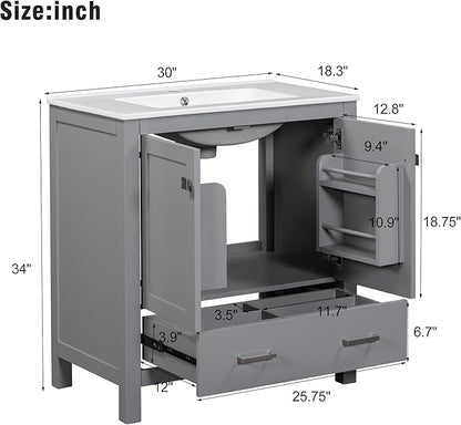 LUMISOL 30" Gray Bathroom Vanity with Sink, Solid Wood Bathroom Vanity with a Drawer and 2 Doors, Multifunctional Storage Racks, Freestanding Bathroom Storage Cabinet with Ceramic Sink, Grey