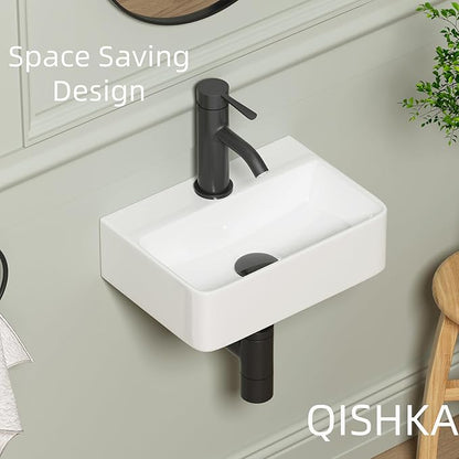 Wall Hung Bathroom Vessel Sink, QISHKA 14.5" X 10" Rectangular Floating Ceramic Wash Hand Basin White Wall Mount Vanity Sink for Small Bathroom and Small Cloakroom