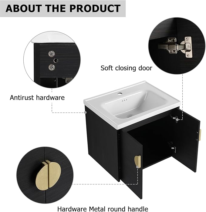 Henf Bathroom Vanity, 24 Inch, Wall Mount, Modern, Black, Ceramic Countertop, Double Doors, Floating, Gold Handle