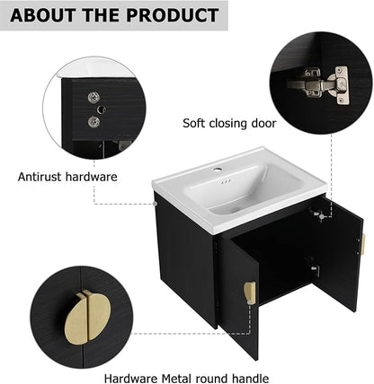 Henf Bathroom Vanity, 24 Inch, Wall Mount, Modern, Black, Ceramic Countertop, Double Doors, Floating, Gold Handle