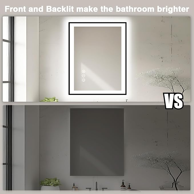 EchosLife 28x32 LED Bathroom Mirror - Black Aluminum Framed | Black Frame, Front and Backlit, Anti-Fog, Stepless Dimmable, 3 Colors, Memory, Tempered Glass, UL Listed, Horizontal/Vertical