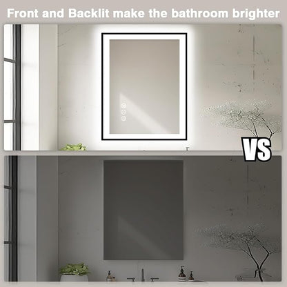 EchosLife 28x32 LED Bathroom Mirror - Black Aluminum Framed | Black Frame, Front and Backlit, Anti-Fog, Stepless Dimmable, 3 Colors, Memory, Tempered Glass, UL Listed, Horizontal/Vertical
