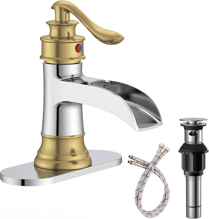 Bathroom Faucet Waterfall Sink Faucets Bathroom Widespread Single Handle | Chrome and Gold for 1 or 3 Holes Rustic Vanity Farmhouse with Pop-up Drain Deck Plate Hose by Homevacious