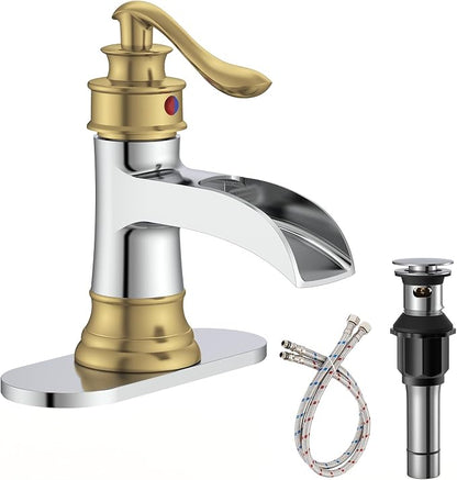 Bathroom Faucet Waterfall Sink Faucets Bathroom Widespread Single Handle | Chrome and Gold for 1 or 3 Holes Rustic Vanity Farmhouse with Pop-up Drain Deck Plate Hose by Homevacious