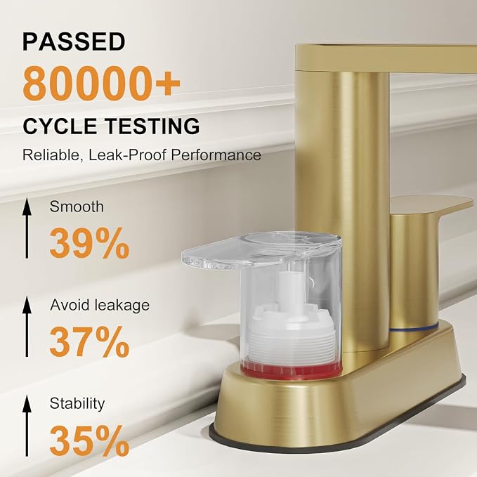 BWE Brushed Gold Bathroom Faucets 4 Inch Centerset Faucet for Bathroom Sink | 2 or 3 Hole Basin 2-Handle 360° Swivel Spout Bathroom Sink Faucet with Pop up Drain Water Supply Hose for Farmhouse Vanity RV