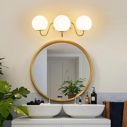 3 Lights Vintage Bathroom Vanity Light Fixtures Over Mirror, Brushed Gold Vanity Lights For Bathroom With Milk White Glass Globe Shade, Wall lights For Bedroom, Hallway, Dressing Table,Includ G9 Bulbs