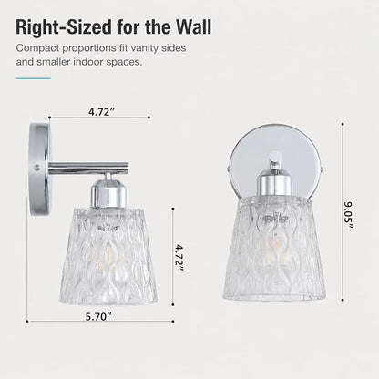 Chrome 1 Light Bathroom Vanity Lights, 2 Pack, with Textured Glass Shades, E26 Sockets, Bathroom Light Fixtures Over Mirror, Modern Lighting Fixtures Wall Lamp Vanity Lights