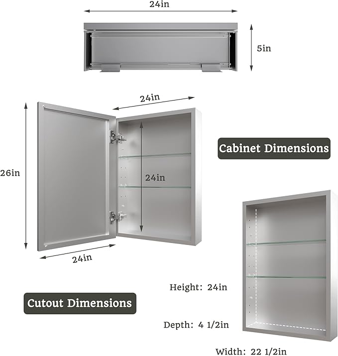 24x26 Bathroom Medicine Cabinet with Mirror,Aluminum Alloy Frame with Mirror Side Panels,Surface or Recessed Medicine Cabinet,Assembly Required,Adjustable Shelves