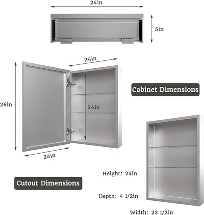 24x26 Bathroom Medicine Cabinet with Mirror,Aluminum Alloy Frame with Mirror Side Panels,Surface or Recessed Medicine Cabinet,Assembly Required,Adjustable Shelves