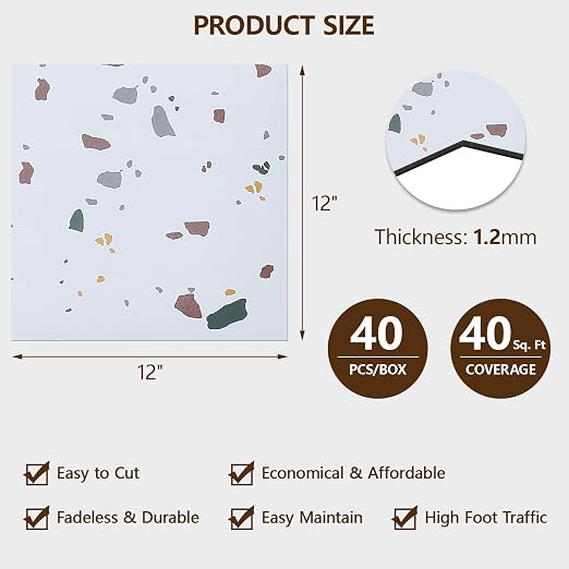 Peel and Stick Floor Tile, 40-Pack 12" x 12" Vinyl Flooring, Waterproof Self-Adhesive Luxury Vinyl Tiles, Easy DIY for Bathroom, Kitchen, Dinning Room, RV, Cover 40 Sq. Mosaic