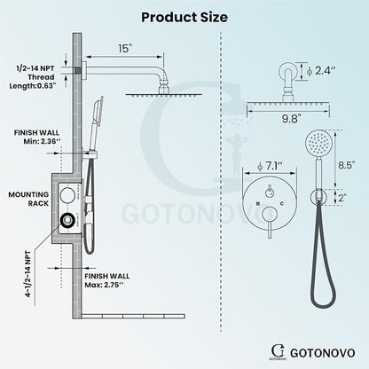 gotonovo High Pressure Shower System Valve and Trim Kit,Polish Chrome | Round Rain 10 Inch Shower Head with Handheld Faucet Set Complete,Rough In Valve,2-in-1 Diverter,All Metal,Bathroom Wall Mount