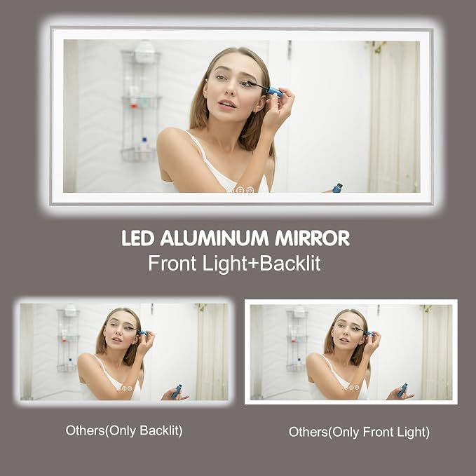 55x36 Inch LED Bathroom Mirror with Silver Frame | Silver Metal Frame, Front and Backlit, 3 Colors, Dimmable, Memory, Anti Fog, Tempered Glass, Lighted Mirror for Wall