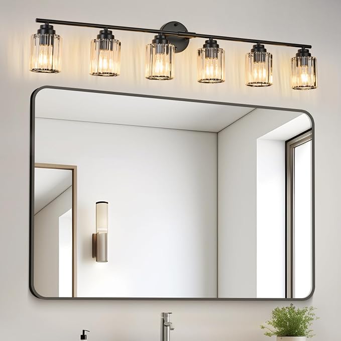 Modern 6-Light Black Vanity Light, 45.7" Crystal Bathroom Light Fixture, Vanity Lights with Clear Crystal Shades, E26 Base Wall Sconces Over Mirror for Bathroom Powder Room