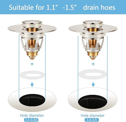 Bathroom Sink Stoppers Brushed Nickel – Pop Up Drain Stopper & Strainer, 2-in-1 Universal Sink Stopper for 1.1" to 1.5" Bathroom Sink Drain Pipes, Brushed Nickel Finish