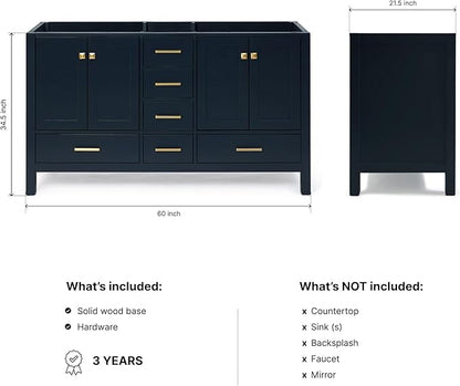 ARIEL Cambridge 60-inch Bathroom Vanity Base Cabinet,Solid Wood, 4 Soft Closing Doors, 6 Dovetail Drawers, Midnight Blue
