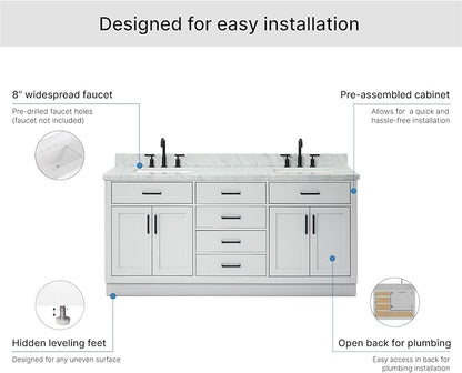 ARIEL Hepburn 72-inch Bathroom Vanity with Sink,Solid Wood, 1.5-inch Italian Carrara Marble Countertop, Double Rectangular Porcelain Sink, 4 Soft Closing Doors, 6 Dovetail Drawers, Grey