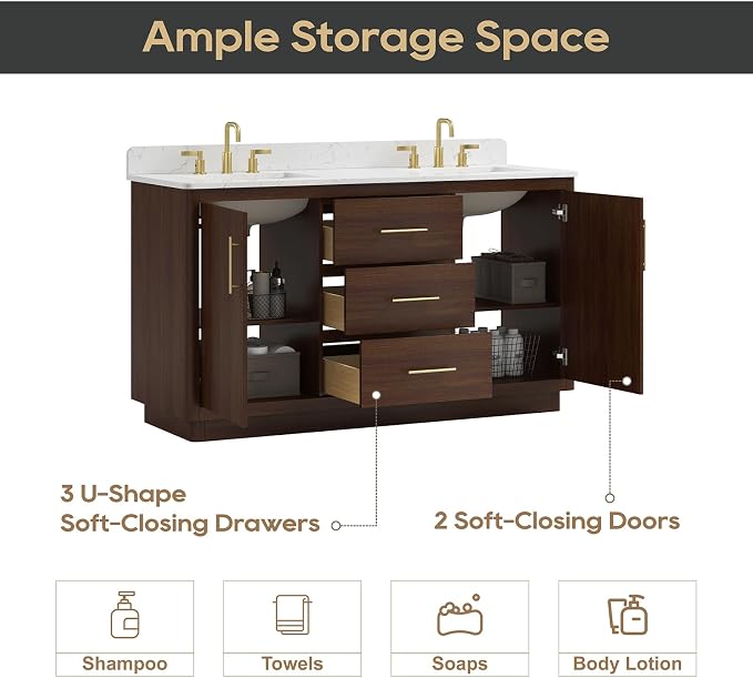 60"Bathroom Vanity with Double Sink,Ceramic Sink Vanity with Engineered Stone Countertop,Wood Frame Bathroom Storage Cabinet No Installation Required& Soft Closing Drawers, Light Walnut