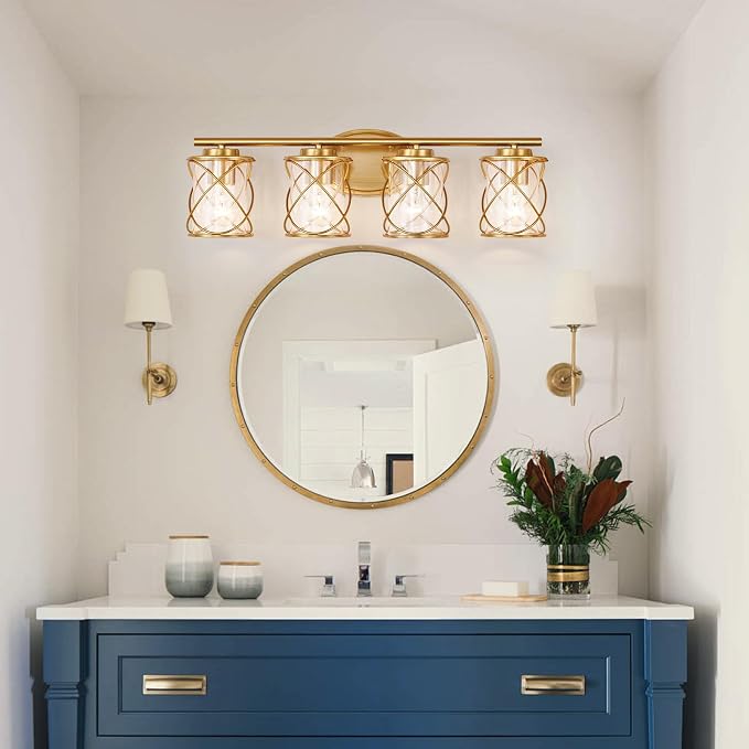 4-Lights Bathroom Vanity Lights, Bathroom Light Fixtures Over Mirror, Brushed Gold Vanity Light, Farmhouse Wall Lights with Clear Glass Shade, Bathroom Wall Lamp for Mirror Kitchen Bedroom