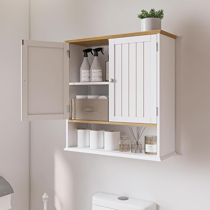Wall Cabinet with 2 Doors & Open Shelf – Space Saving Medicine Cabinet, Wooden Wall Mounted Storage Cupboard for Bathroom Organization White