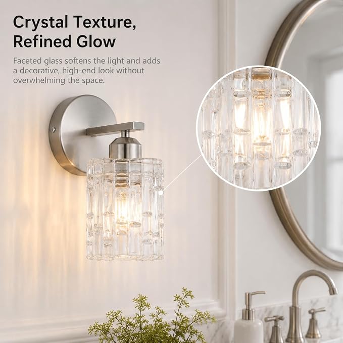 2-Pack Nickel Crystal Bathroom Vanity Lights, 1-Light Wall Sconce Fixture for Over Mirror, Modern Wall Mount for Bathroom, Bedroom, Hallway