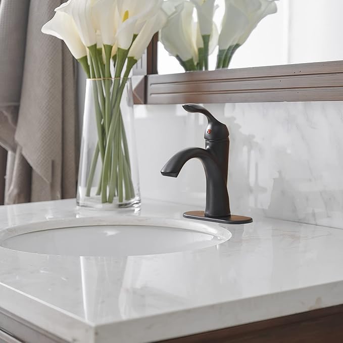 BWE Black Bathroom Faucet Single Hole with Pop Up Drain Assembly with Overflow and Supply Line Single Handle Matte Bathroom Sink Faucet Lavatory Basin Mix Tap