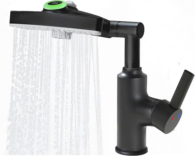 Black Rotatable Rain Faucet, Single Hole 360° Rotatable Bathroom Faucet, Single Handle Modern Bathroom Sink Faucet with LED Temperature Display(No Batteries) in Fahrenheit, 3 Water Modes