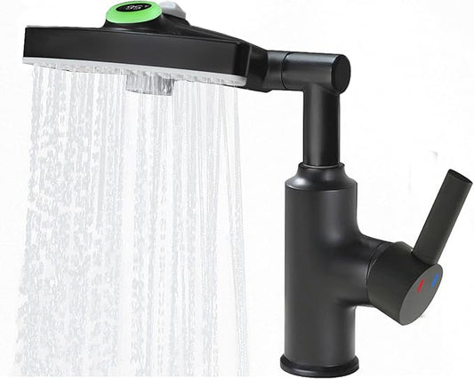 Black Rotatable Rain Faucet, Single Hole 360° Rotatable Bathroom Faucet, Single Handle Modern Bathroom Sink Faucet with LED Temperature Display(No Batteries) in Fahrenheit, 3 Water Modes