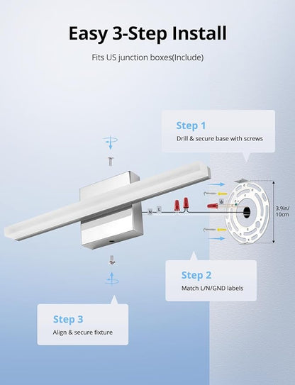 Combuh Modern Bathroom Light Fixtures Over Mirror, 16 Inch IP44 9W Chrome Vanity Light Bar for Bathroom, Wall Light Fixtures Cool White 6000K