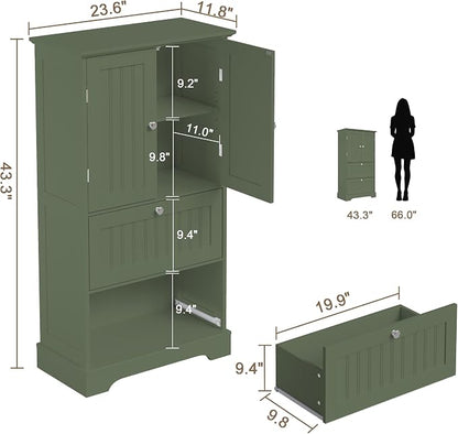 Treocho Bathroom Floor Cabinet with 2 Drawers and Adjustable Shelf | Bathroom Storage Cabinet, Freestanding Cupboard Pantry for Kitchen, Living Room, Dining Room, Green