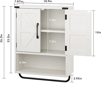 RUSTOWN Farmhouse Wall Storage Cabinet with Two Barn Door, Rustic Mounted Medicine Cabinet with Adjustable Shelf and Towel Bar, 3-Tier Wood Cabinet for Kitchen, Bathroom, Living Room (Washed Oak)