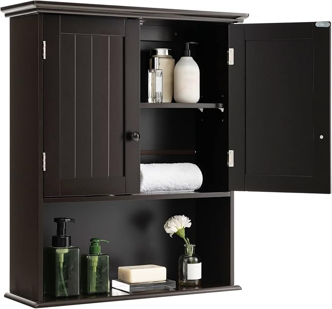 COSTWAY Wall Mounted Bathroom Cabinet, Over The Toilet Storage Cabinet w/Double Doors & Adjustable Shelf, Wood Hanging Medicine Cabinet for Living Room, Entryway, Kitchen (Brown) | Double Doors & Adjustable Shelf, Wood Hanging Medicine Cabinet for Livi...