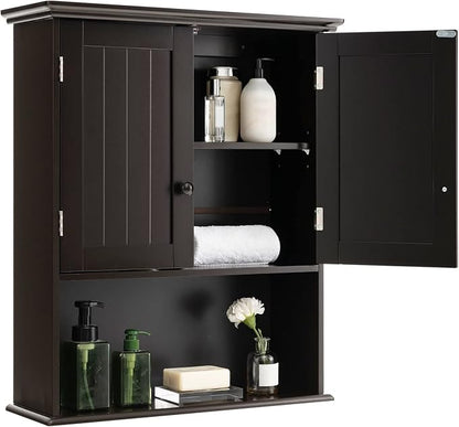 COSTWAY Wall Mounted Bathroom Cabinet, Over The Toilet Storage Cabinet w/Double Doors & Adjustable Shelf, Wood Hanging Medicine Cabinet for Living Room, Entryway, Kitchen (Brown) | Double Doors & Adjustable Shelf, Wood Hanging Medicine Cabinet for Livi...