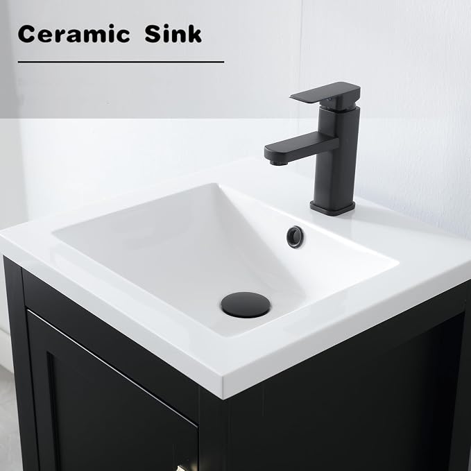LUCKWIND 18" Bathroom Vanity and Sink Combos, Modern Bathroom Storage Painted Cabinet with Undercounter Ceramic Single Sink Top, Matte Black Faucet and Drawer, Mirror Not Included, White