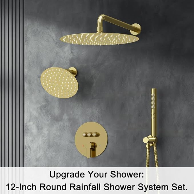 Shower Systems, Bostingner 12+6" Round Dual Rainfall Shower head with 2 in 1 Handheld Spray, Can Use All at Once, Wall Mount Push Button Shower Faucet Set with Valve and Trim Kit,Brushed Gold