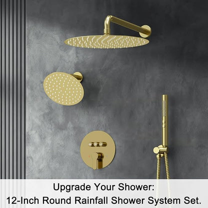Shower Systems, Bostingner 12+6" Round Dual Rainfall Shower head with 2 in 1 Handheld Spray, Can Use All at Once, Wall Mount Push Button Shower Faucet Set with Valve and Trim Kit,Brushed Gold