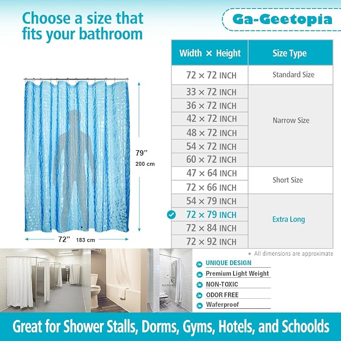 Ga-Geetopia Extra Long EVA 3D Blue Pearl Water Cube Plastic Shower Curtain Liner - Lightweight 72" x 80" Bathroom Shower Showroom Curtain Liner with Rustproof Metal Gromments and Weighted Magnet