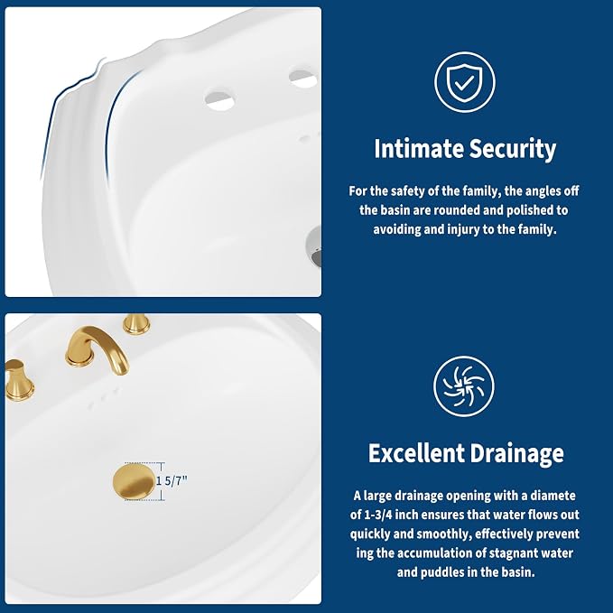 20" x 26" Vintage White Ceramic Pedestal Sink – Classic Freestanding Bathroom Sink with Overflow, 3 Pre-Drilled Holes for 8" Widespread Faucet