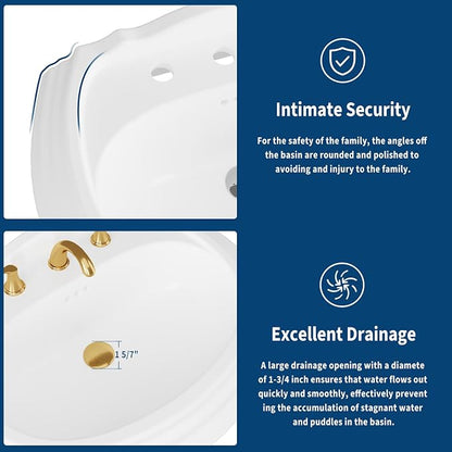 20" x 26" Vintage White Ceramic Pedestal Sink – Classic Freestanding Bathroom Sink with Overflow, 3 Pre-Drilled Holes for 8" Widespread Faucet