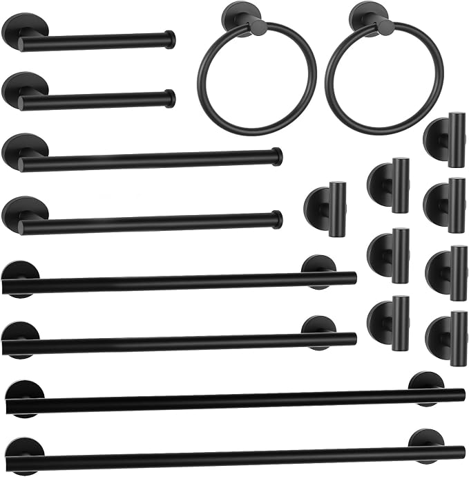 18 Piece Matte Black Bathroom Hardware Set, Towel bar Set for Bathroom | 24 inch Towel bar, Bathroom Towel Rack, Towel Ring, Toilet Paper Holder, Towel Hook, Bathroom Accessories Set